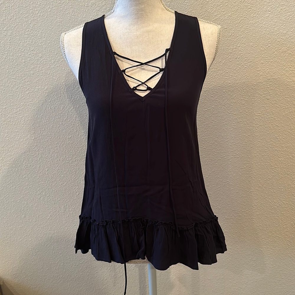 Navy Lace Front Ruffle Tank